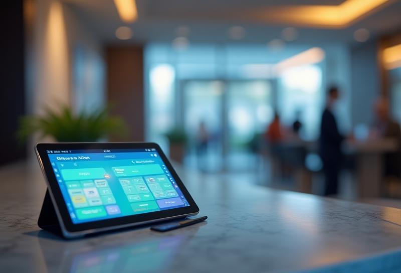 Modern hotel reception with integrated booking software interface displayed on a tablet